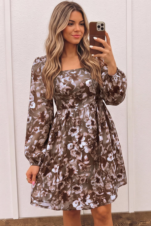 Abstract Floral Print Square Neck Long Sleeve Shift Mini Dress