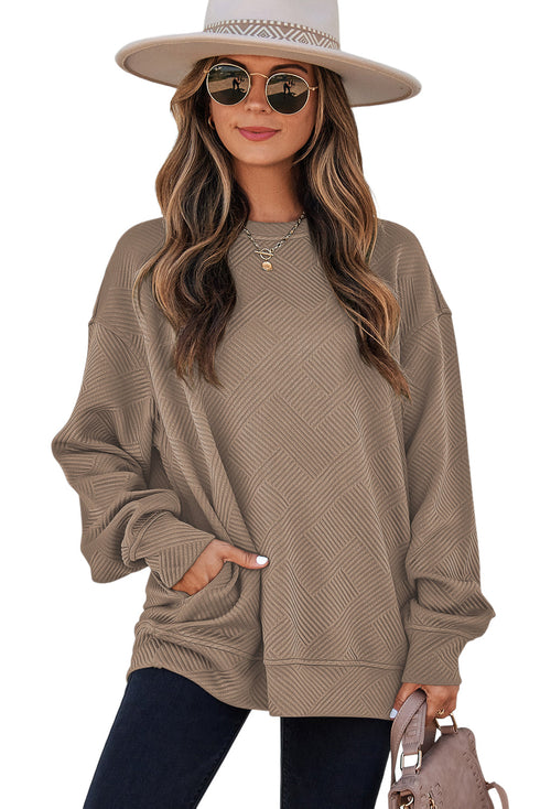 Textured Drop Shoulder Round Neck Pullover Sweatshirt