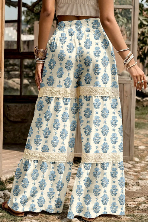 Floral Print Lace Patchwork Wide Leg Pants