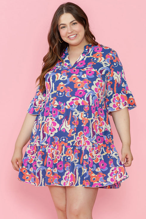 Floral Print Ruffled Three Quarter Sleeve Mini Dress