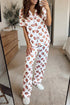 Rugby Print Short Sleeve Button Down Top Loose Pants Pajama Set