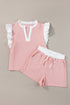 Contrast Trim Ruffled Sleeve Smocked Drawstring Short Set