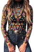 Western Abstract Print Stand Neck Sheer Long Sleeve Mesh Top