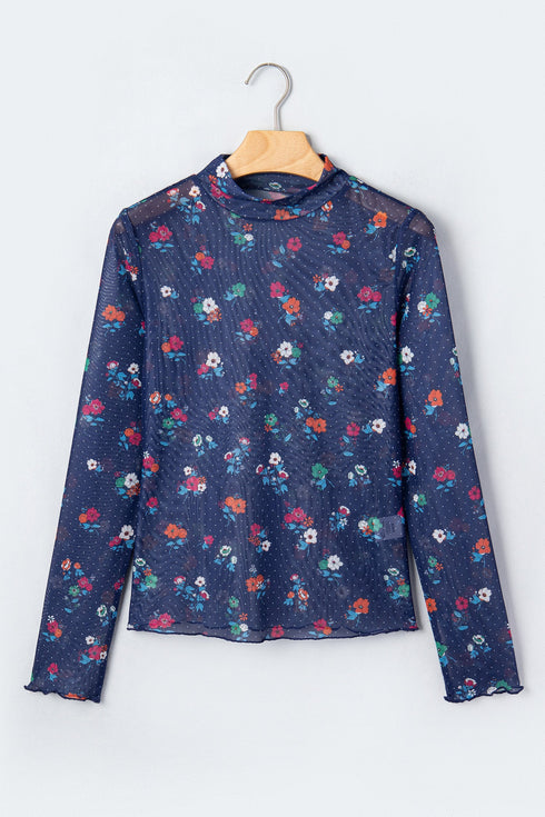 Polka Dot Floral Mesh Long Sleeve High Neck Pullover Sheath Top