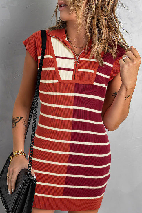 Striped Ribbed Knit Half Zip Mini Dress