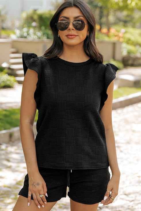 Textured Ruffle Sleeve Drawstring Waist Solid Short Set