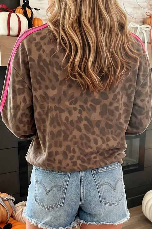Leopard Print Striped Detail Relaxed Pullover Sweatshirt