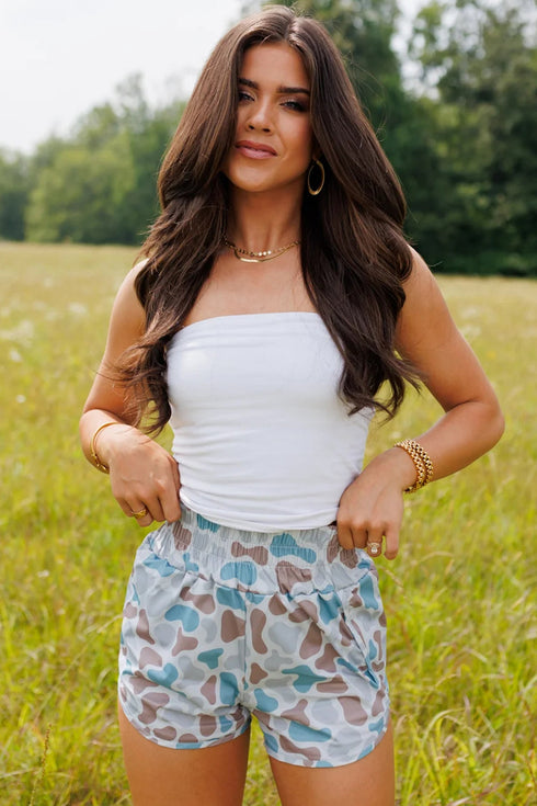 Camouflage Print Shirred High Waist Athleisure Casual Shorts