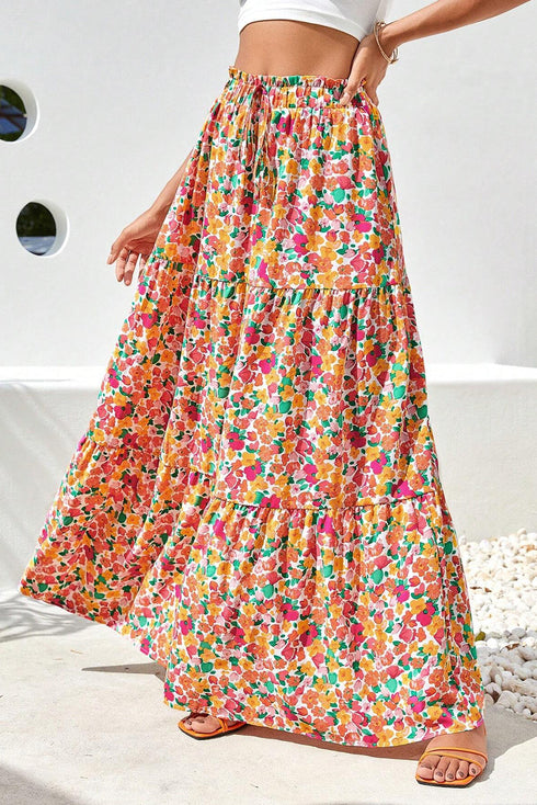 Bohemian Floral Print Tiered A Line Long Skirt