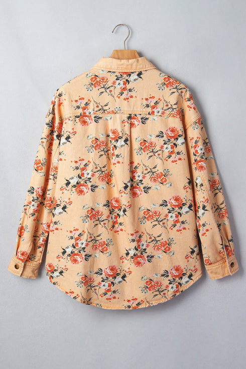 Floral Print Tunic Length Long Sleeve Denim Jacket