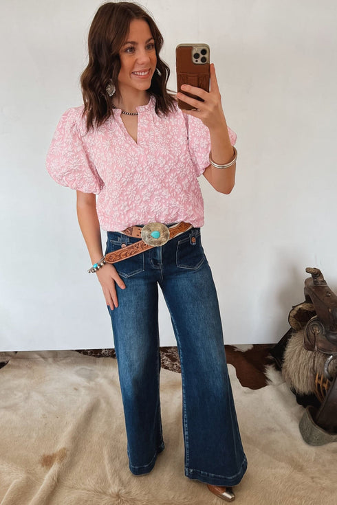 Western Style Floral Textured Jacquard Puff Sleeve Blouse