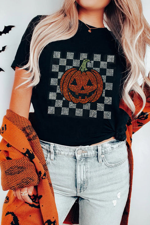 Polyester Cotton Blend Rhinestone Pumpkin Graphic Tee