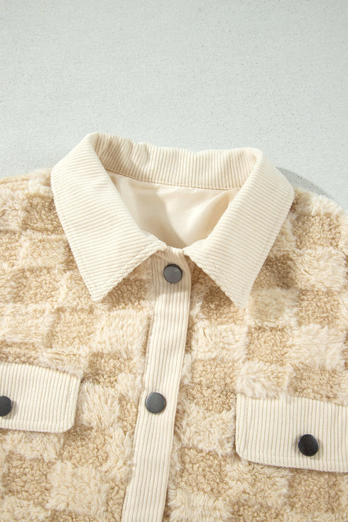 Checkered Corduroy Trim Metal Button Sherpa Jacket
