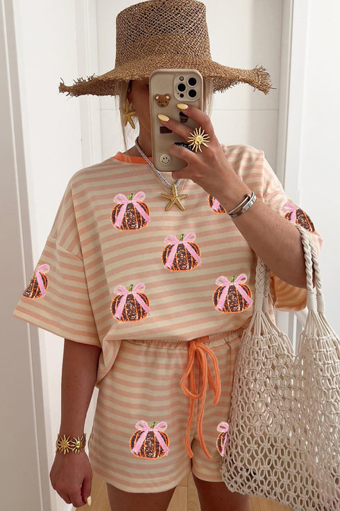 Striped Sequined Pumpkin Relaxed Tee Drawstring Shorts Two Piece Set