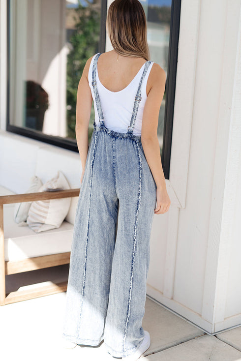 Washed Frayed Exposed Seam Wide Leg Denim Overall Jumpsuit