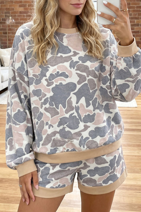 Camouflage Patchwork Two Piece Long Sleeve Short Set