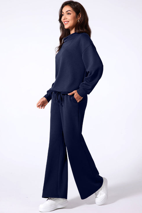 Cowl Neck Drawstring Pullover Wide Leg Athleisure Pant Set