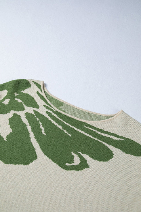 Abstract Botanical Print Boat Neck Knit Pullover Sweater