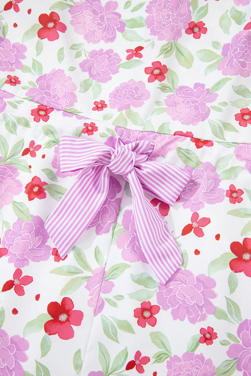 Southern Belle Striped Trim Frilled Neck Mini Floral Dress