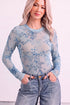 Sheer Mesh Floral Printed Mock Neck Long Sleeve Bodysuit