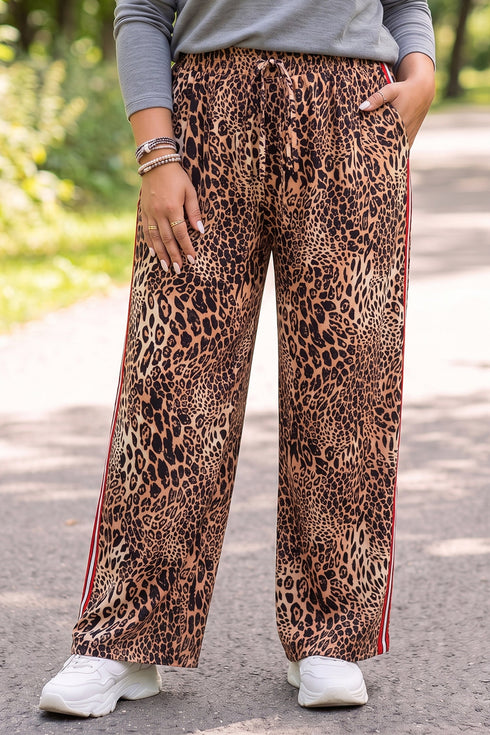 Leopard Print Side Stripe Full Length Wide Leg Pants