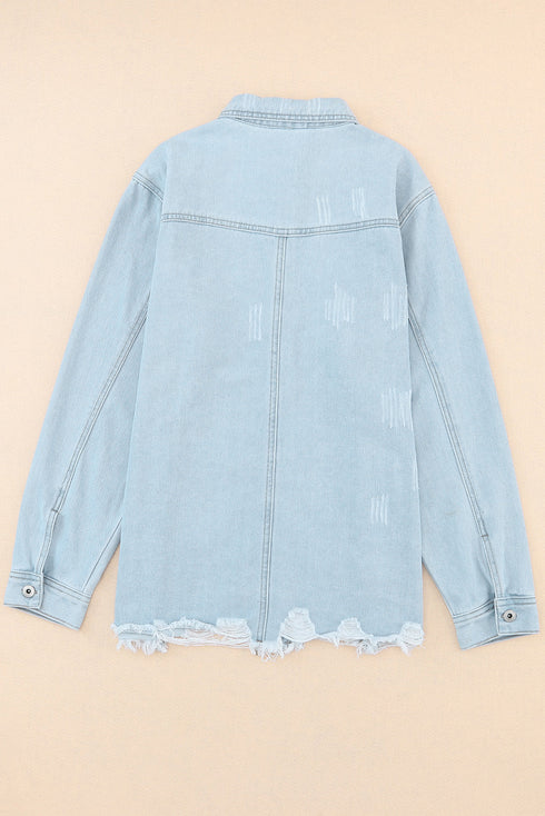 Casual Distressed Raw Hem Flap Pocket Denim Jacket