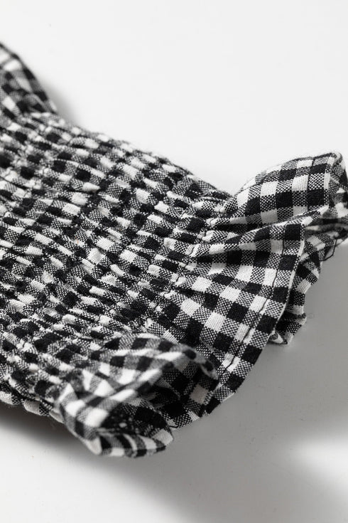 Plaid Shirred Cuff Round Neck Cotton Long Sleeve Blouse