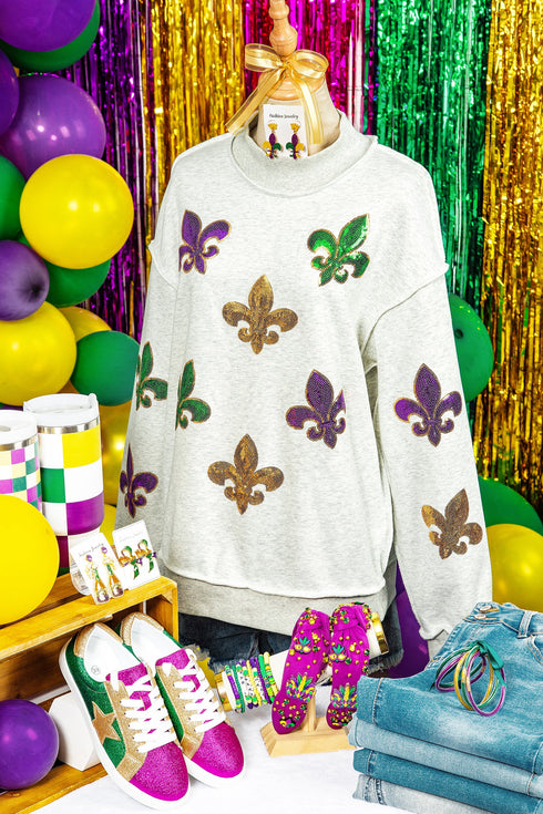 Sequin Fleur De Lis Raw Edge Pullover Sweatshirt