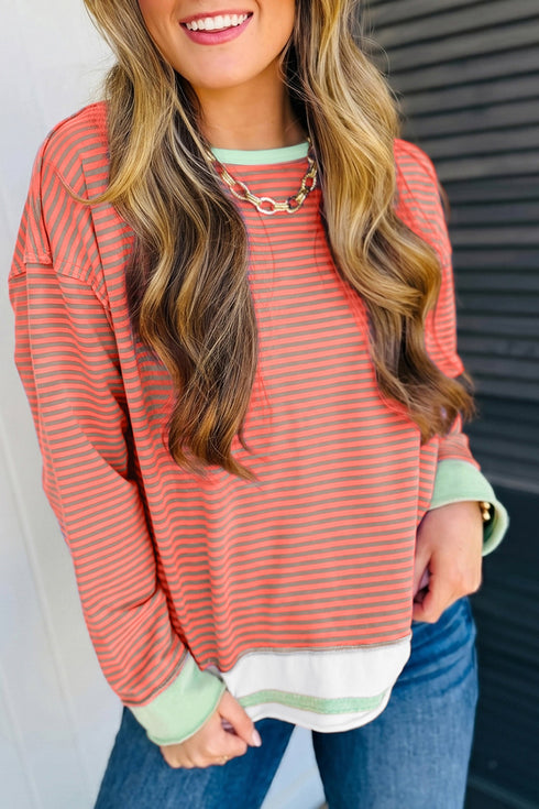 Striped Pattern Raw Seam Long Sleeve Top