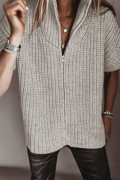 High Neck Zipper Knit Short Sleeve Sweater