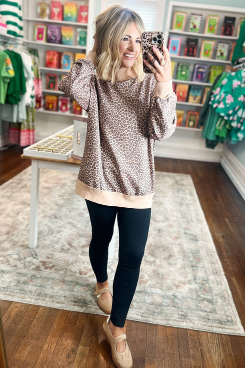 Leopard Print High Neck Long Sleeve Ribbed Cuffs Hem Sweatshirt