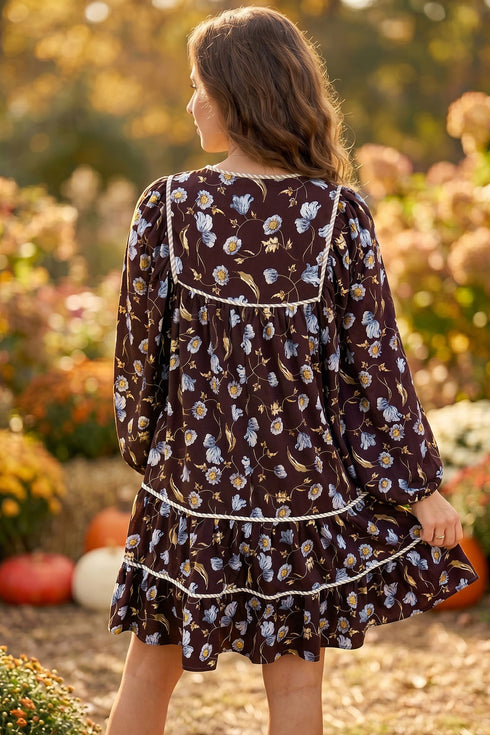 Floral Print Shirred V Neck Shift Mini Dress