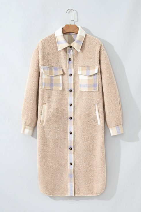 Casual Plaid Patchwork Sherpa Fleece Collared Long Coat