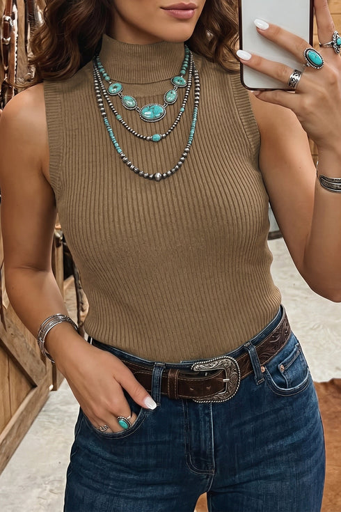 Western Ribbed Knit High Neck Sleeveless Waist Slim Fit Sweater Vest