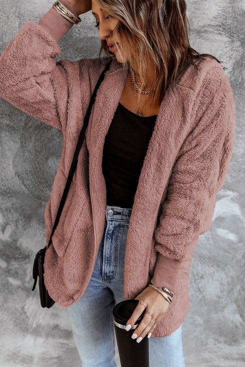 Chic Soft Fleece Hooded Open Front Jacket