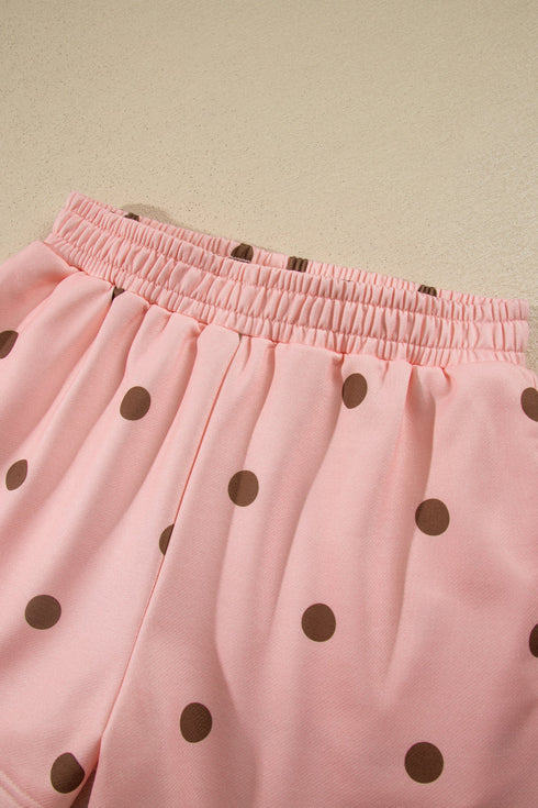 Polka Dot Ribbed Trim Long Sleeve Short Set