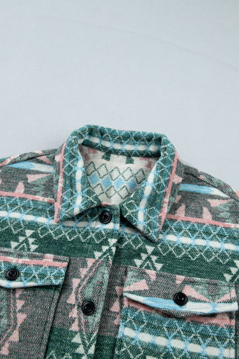 Aztec Geometric Print Button Front Long Sleeve Shacket
