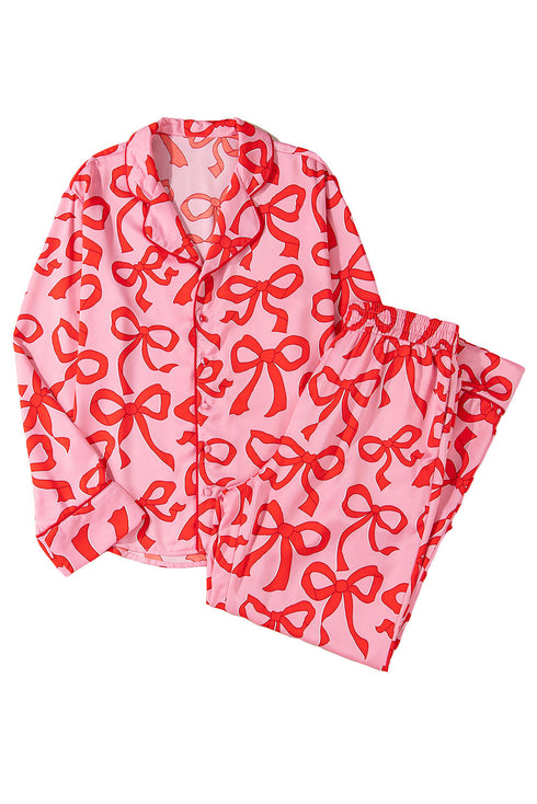 Bow Print Long Sleeve Wide Leg Sleepwear