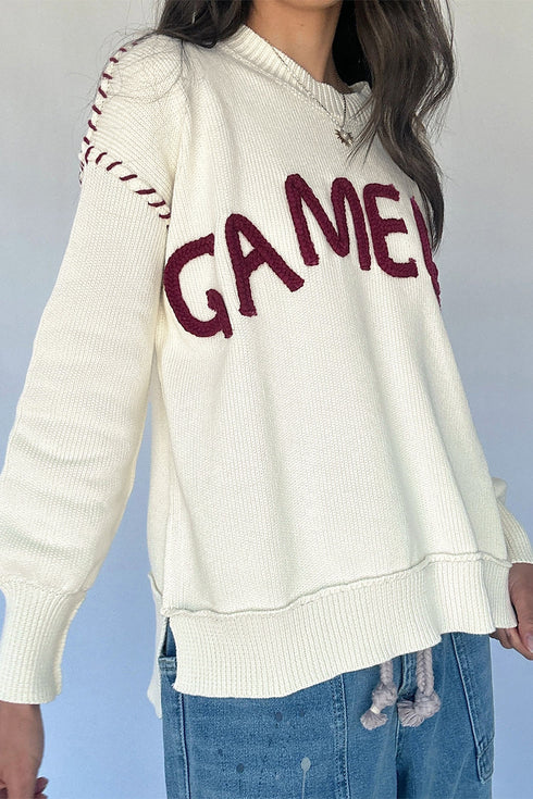 Embroidery Drop Shoulder Letter Print Pullover Sweater