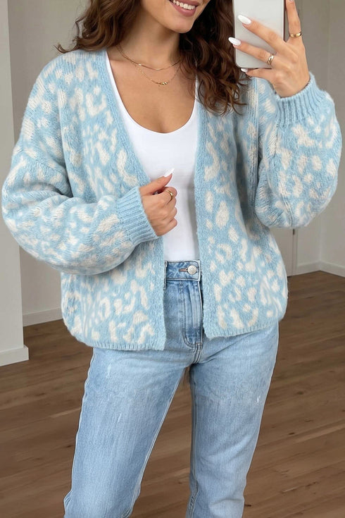 Leopard Print V Neck Long Sleeve Relaxed Knit Cardigan