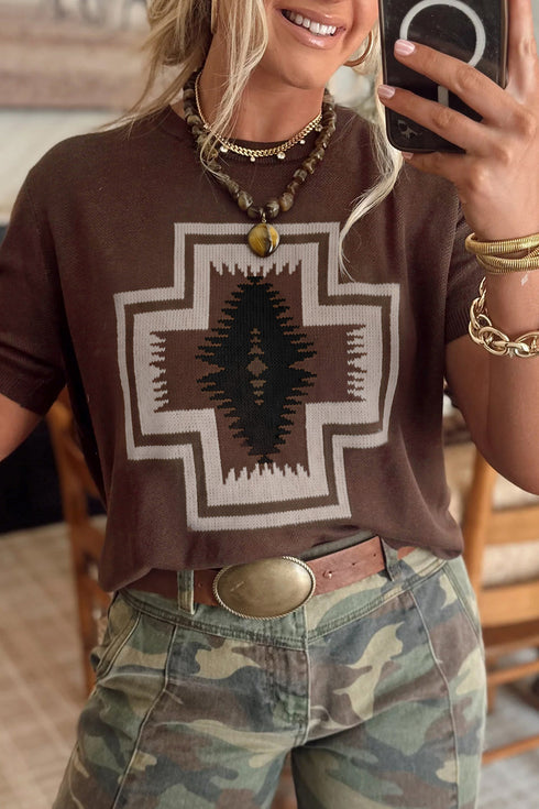 Western Graphic Print Short Sleeve Knit Pullover Sweater
