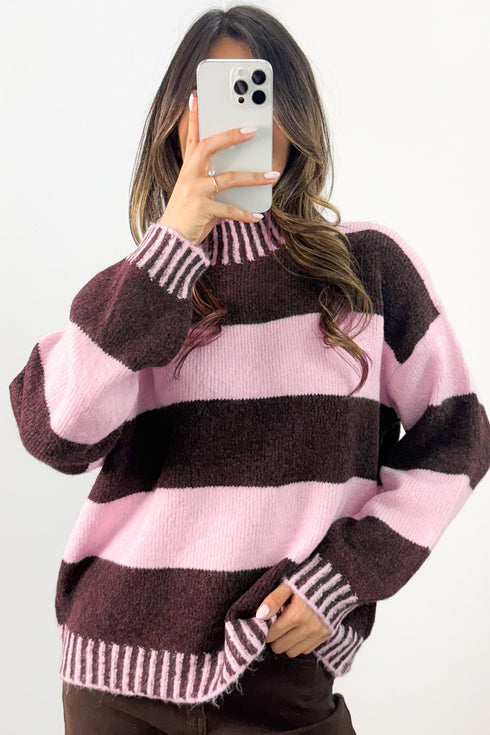 Striped Panel High Neck Drop Shoulder Relaxed Pullover Sweater