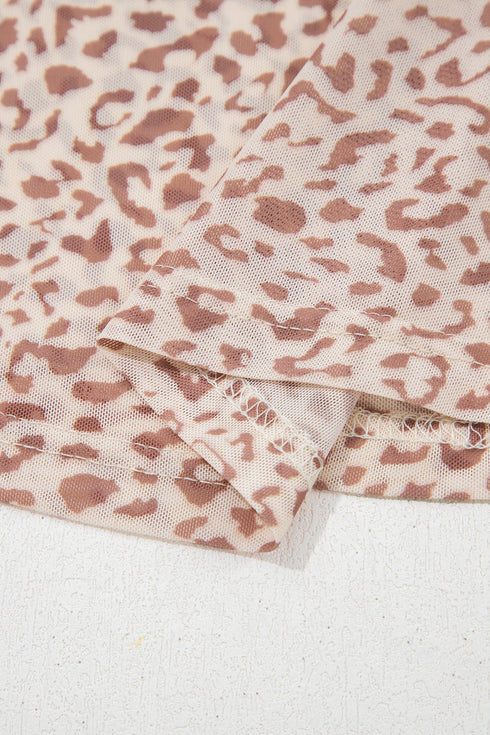 Leopard Print Foldover Off Shoulder Sheer Long Sleeve Mesh Top