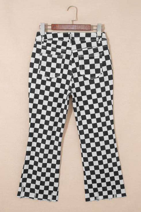 Checkerboard Print Distressed Raw Edge Cropped Denim Jeans