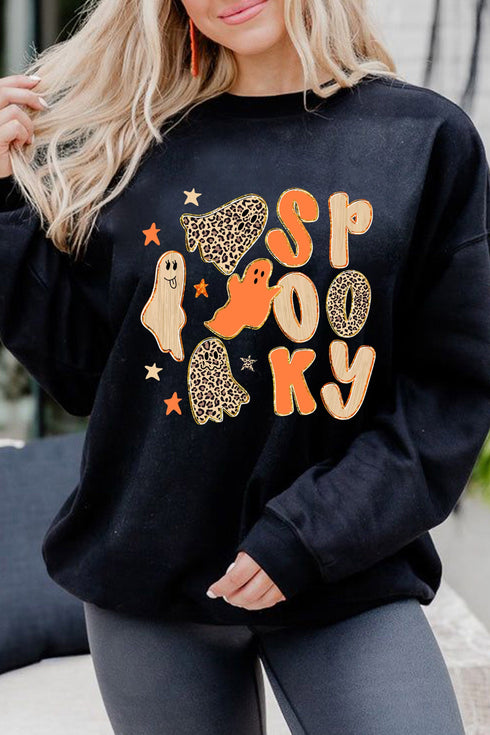 Leopard Print Spooky Ghost Graphic Pullover Sweatshirt