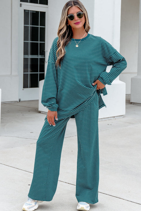 Striped Dropped Shoulder Long Sleeve Top Elastic Waist Pants Two Piece Pant Set