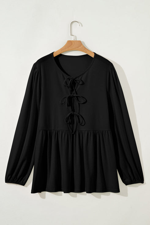 Bow Tie Front Long Sleeve Peplum Blouse