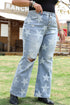 Star Print Multi Button Distressed Wide Leg Jeans