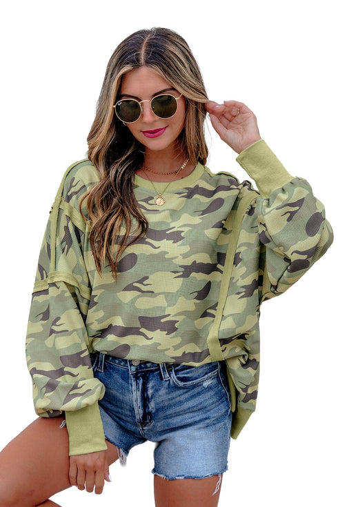 Camouflage Waffle Knit Raw Edge Trim Oversized Long Sleeve Top