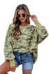Camouflage Waffle Knit Raw Edge Trim Oversized Long Sleeve Top